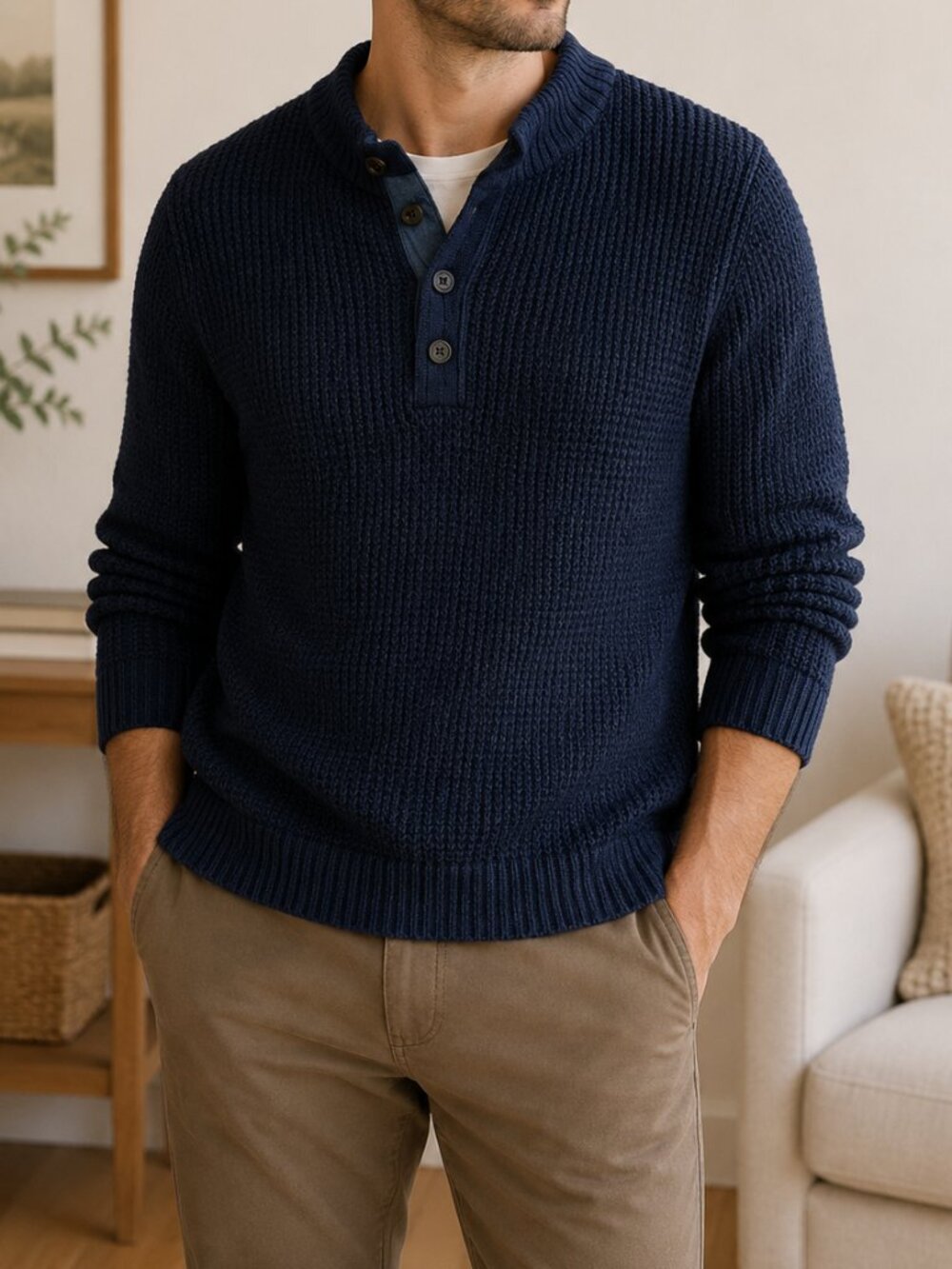 Alesbury Men's Navy Chunky Knit Henley Long Sleeve Button Front Sweater Medium